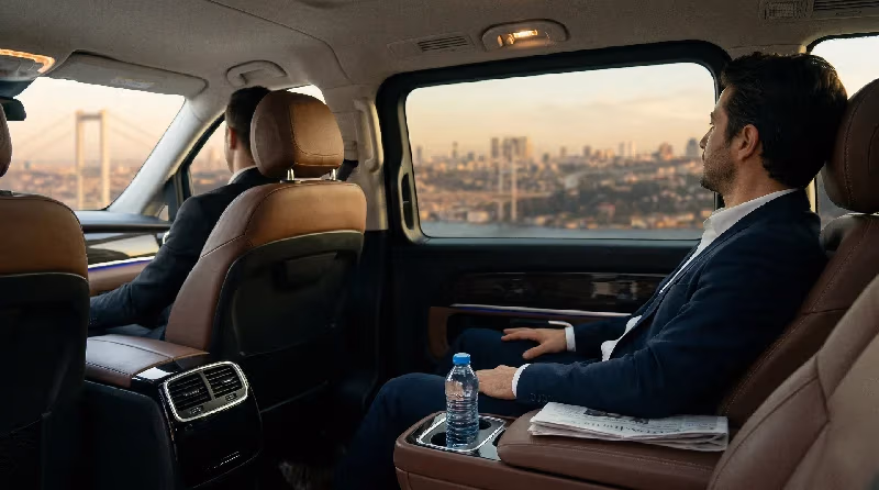 A suited traveler relaxing in a luxury Mercedes V-Class cabin with a Bosphorus Bridge view — Elemen Transfer.