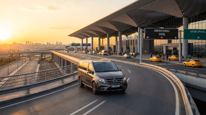 A champagne Mercedes V-Class approaching the Istanbul Airport departures terminal at sunset — Elemen Transfer.