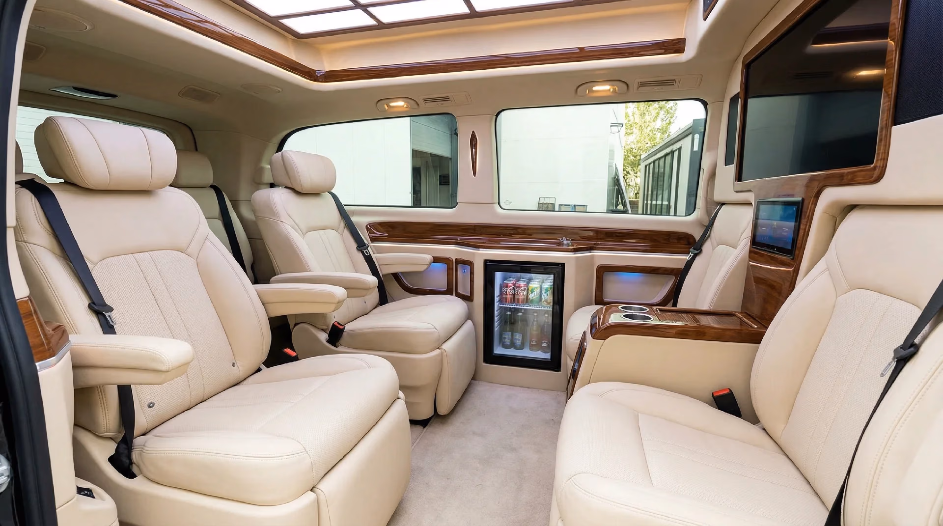 A luxury Mercedes V-Class VIP cabin with cream leather seats, wood trim, a mini-bar and screens — Elemen Transfer.