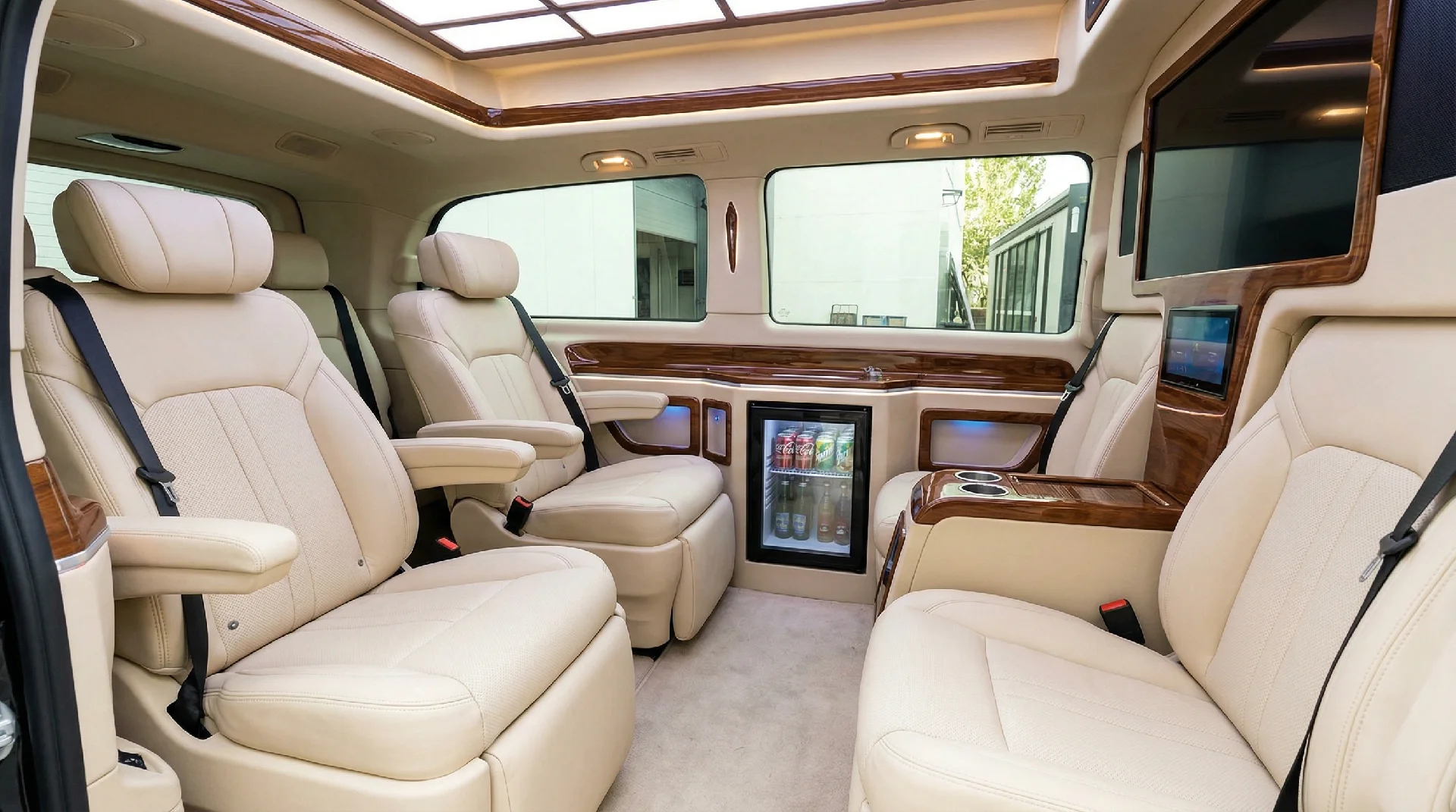 Krem deri koltuklar, ahşap kaplama, mini bar ve ekranlarla donatılmış lüks Mercedes V-Class VIP kabini — Elemen Transfer.