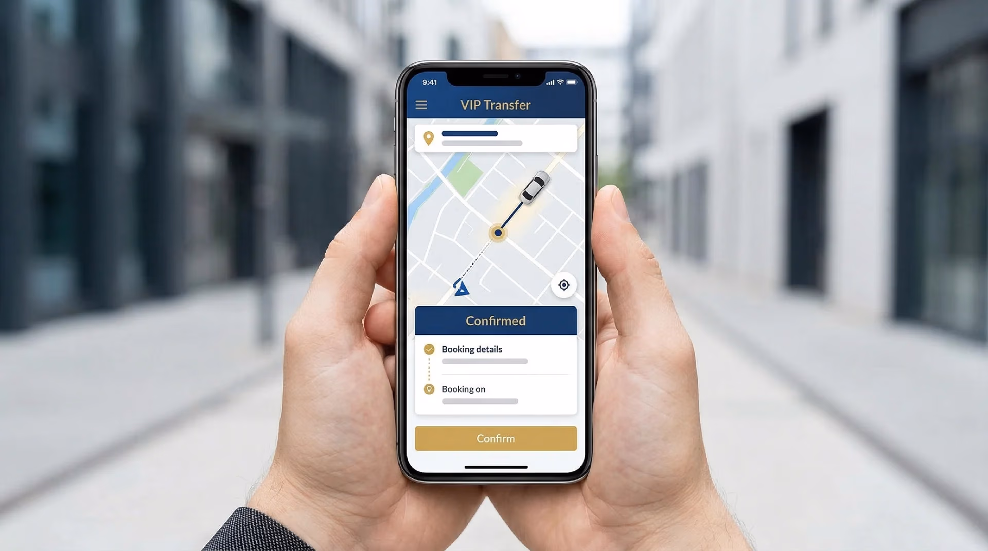 A hand booking a VIP transfer on a mobile app showing instant confirmation and a map — Elemen Transfer.