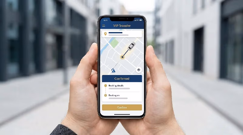 Bir el, anlık onay ve harita gösteren mobil uygulamada VIP transfer rezervasyonu yapıyor — Elemen Transfer.