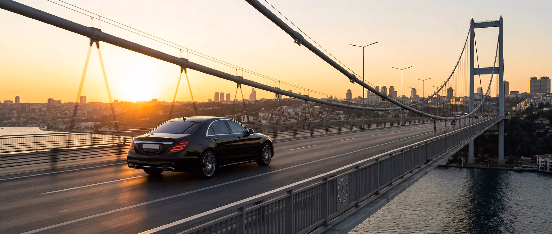 A black Mercedes S-Class crossing the Bosphorus Bridge at sunset with the Istanbul skyline behind — Elemen Transfer.