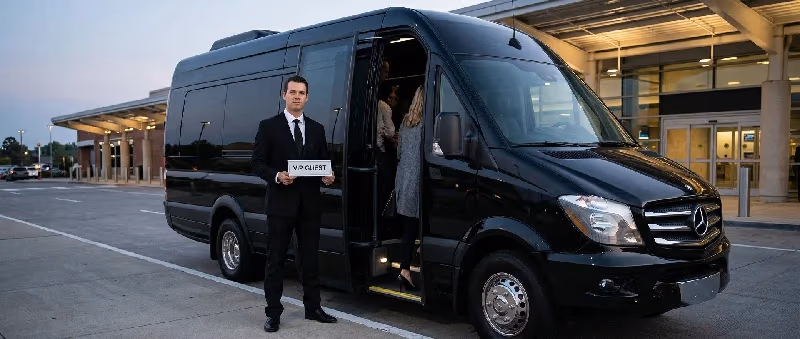 Üniformalı şoför „VIP GUEST” tabelası tutarken havalimanı terminali önünde siyah Mercedes Sprinter VIP minivan — Elemen Transfer.