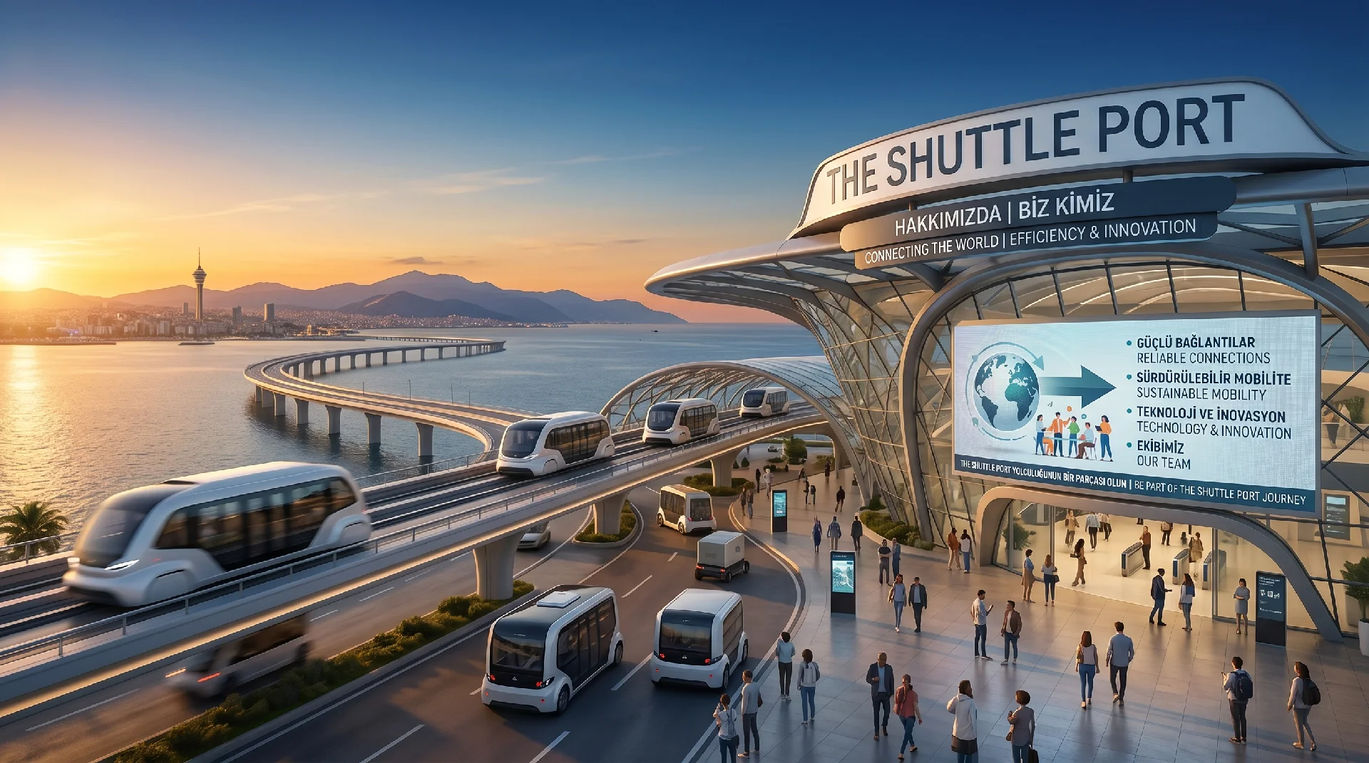 Elemen Transfer's vision of a futuristic, sustainable transfer terminal with autonomous VIP vehicles at sunset.