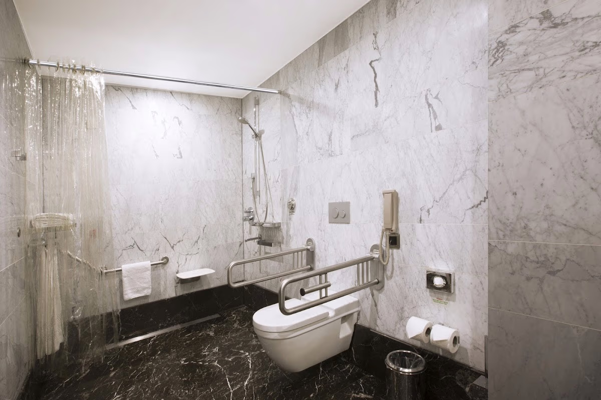 Доступная ванная комната в DoubleTree by Hilton İstanbul - Old Town с душевой кабиной, поручнями и подвесным унитазом.