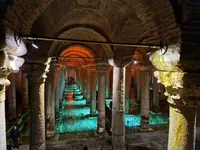 Basilica Cistern columns and walkways under colorful lighting with Elemen Transfer.