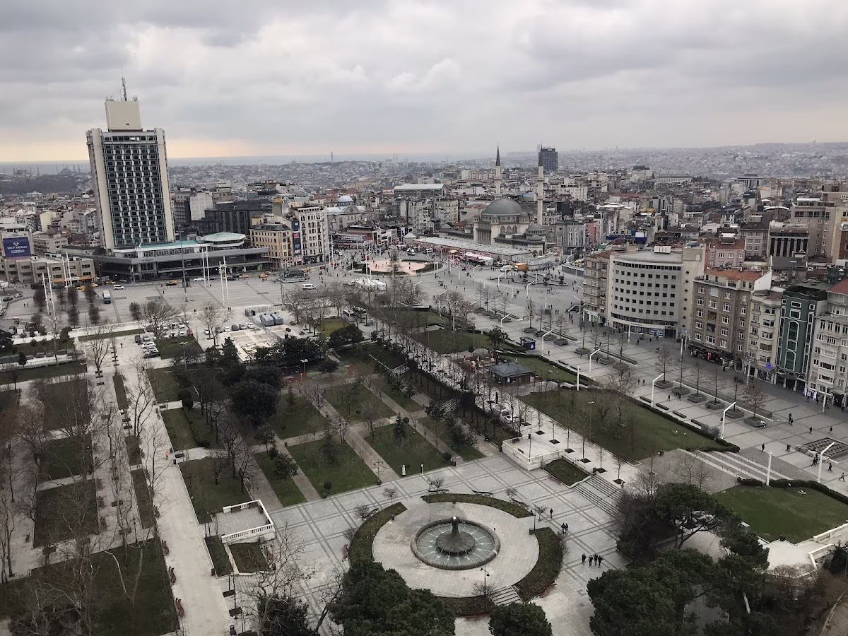 Aerial panoramic city view of Taksim Square and Gezi Park.