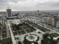 Aerial panoramic city view of Taksim Square and Gezi Park.