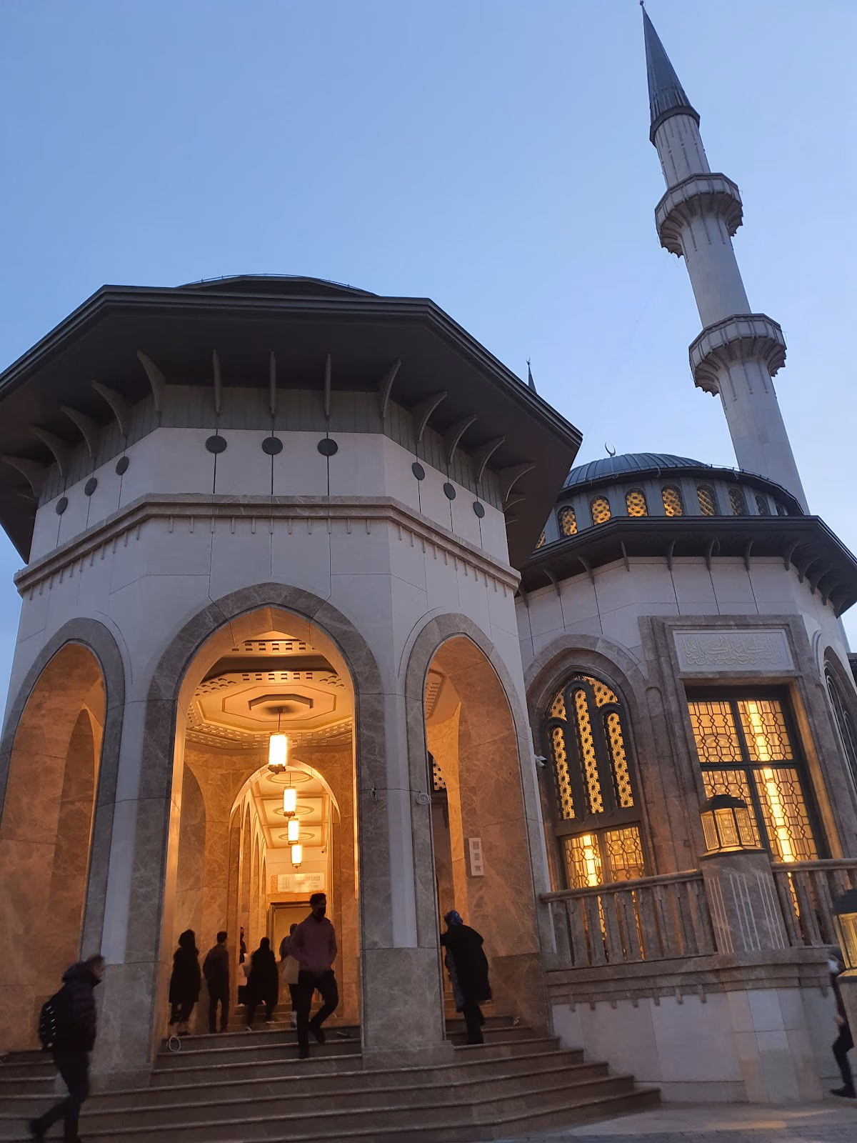 Taksim Mosque entrance and minaret at evening, Elemen Transfer transfer service.