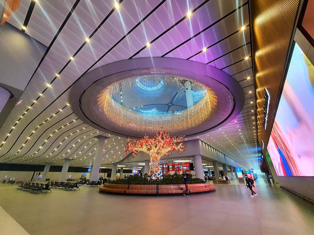 A beautifully lit tree art installation under a large circular skylight inside the Istanbul Airport terminal.