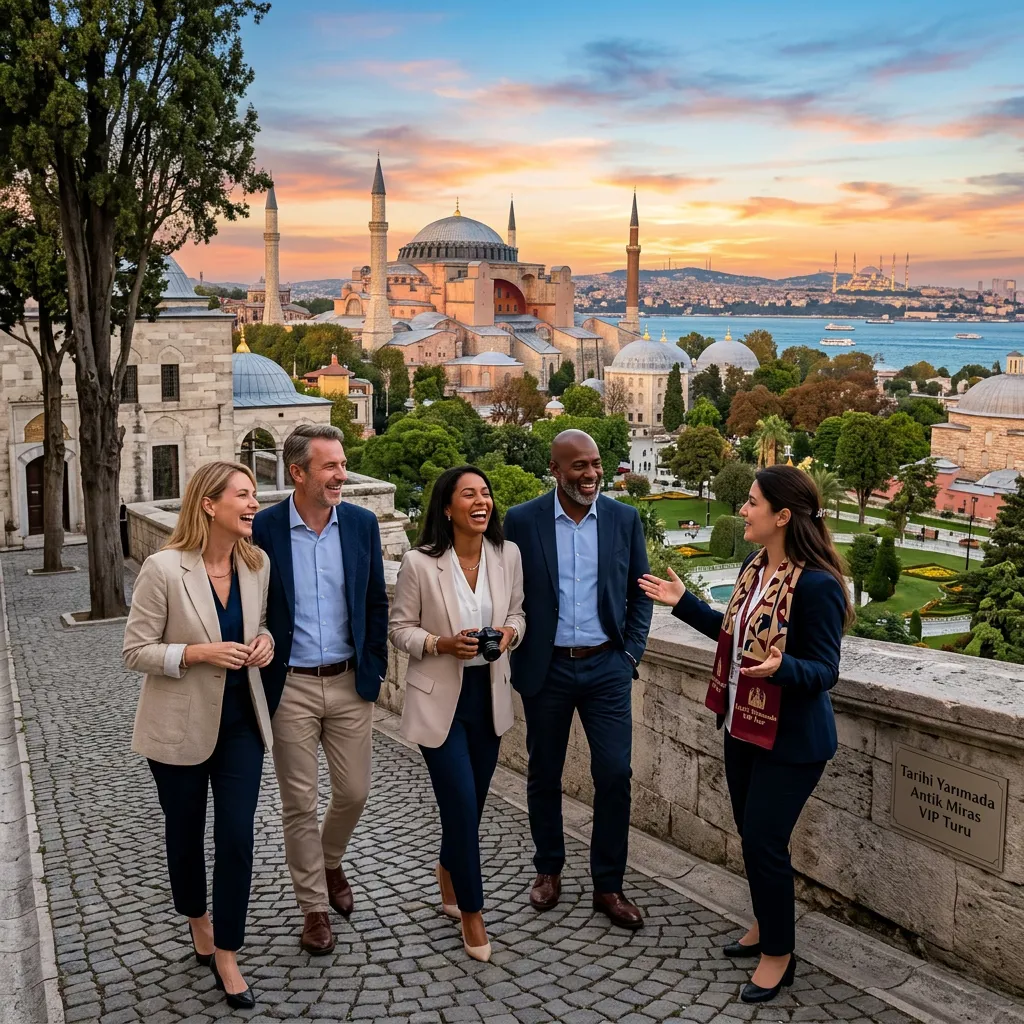 VIP tour group smiling with guide before Hagia Sophia and Bosphorus at sunset, Historic Peninsula Istanbul