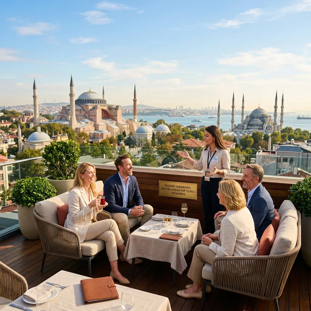 Luxury tour guests enjoying Turkish tea on a rooftop terrace overlooking Hagia Sophia and Blue Mosque panorama, Istanbul