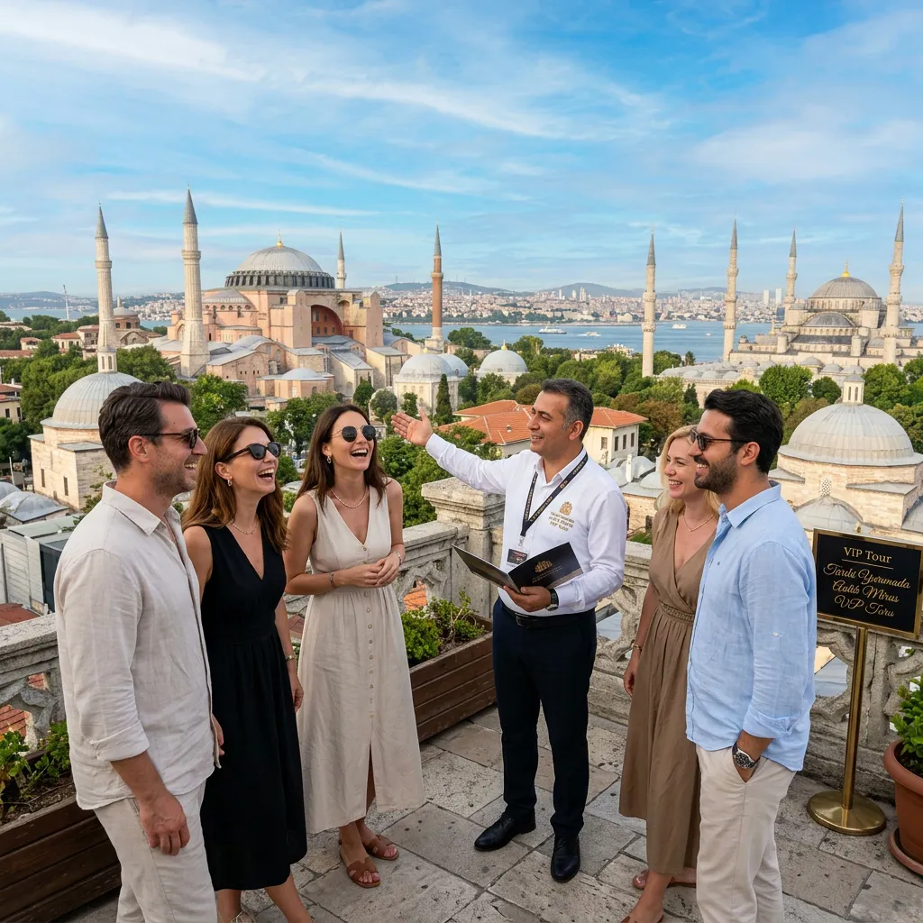 Guide gesturing to a laughing group on a balustraded terrace with Hagia Sophia and Blue Mosque domes behind, Istanbul