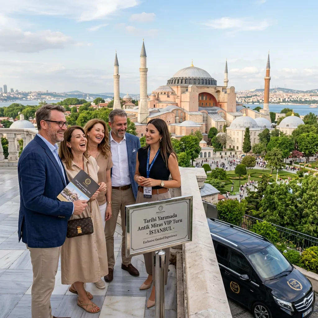 Tour group laughing with guide before Hagia Sophia beside a waiting black VIP Mercedes van, Historic Peninsula Istanbul