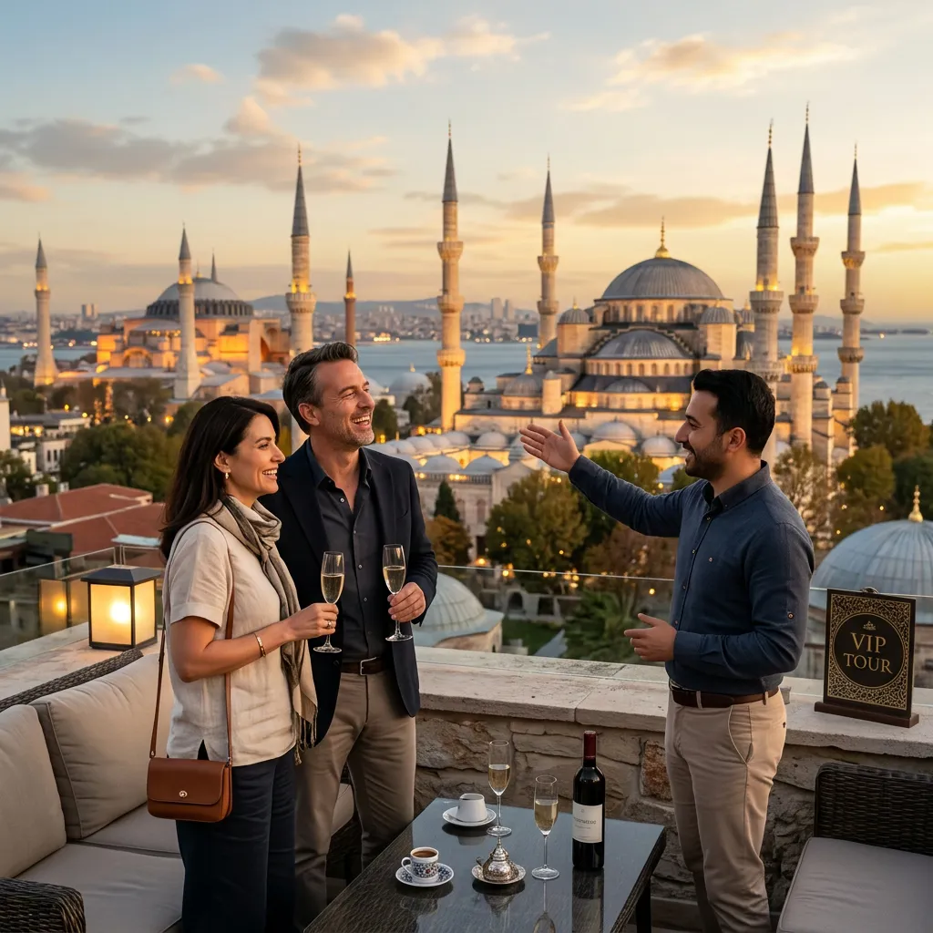 Couple with champagne listening to guide on a rooftop terrace at sunset, illuminated Blue Mosque behind, Istanbul