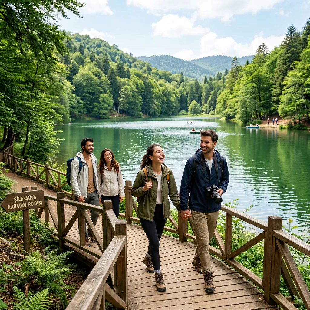 Travelers crossing wooden bridge by Karagöl lake with emerald water and forested hills on Istanbul nature tour