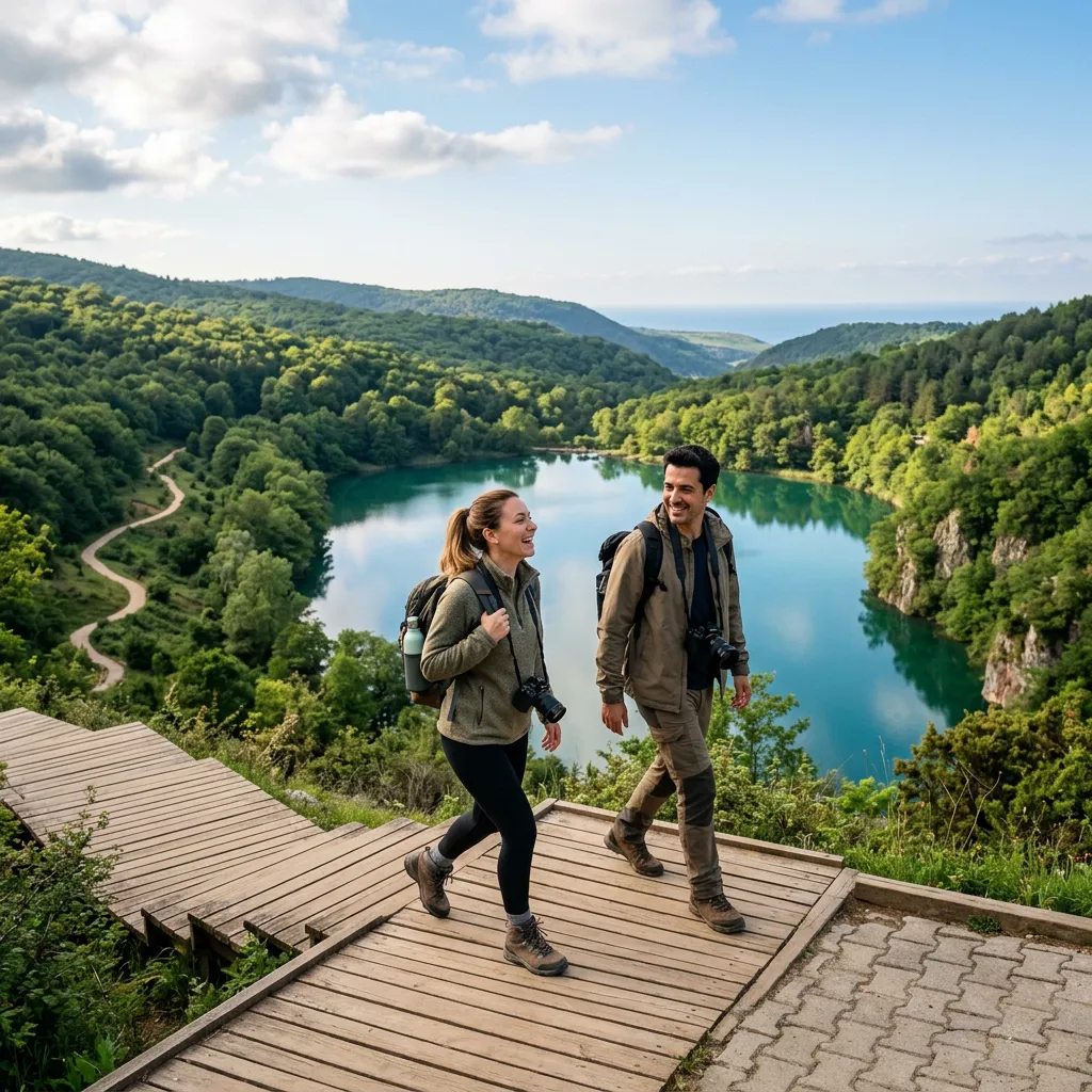 Backpacking couple hiking wooden boardwalk down to Karagöl lake with winding forest trail and distant Black Sea