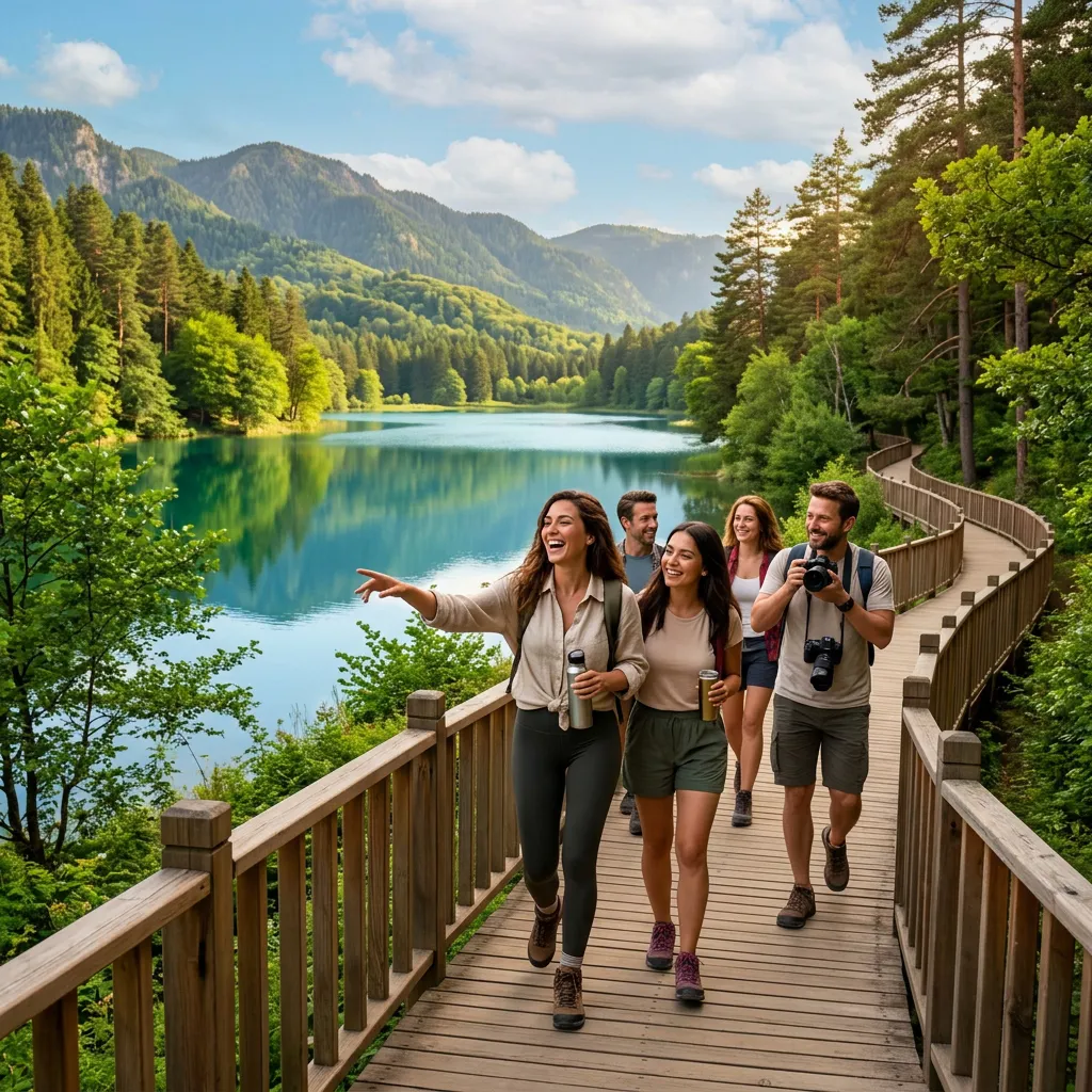 Smiling group of travelers on long wooden lakeside boardwalk with mountains behind on Istanbul Karagöl tour
