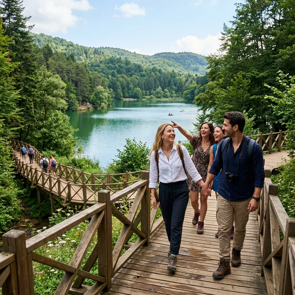 Group of travelers walking forest boardwalk along Karagöl lakeshore with green hills and distant hikers near Istanbul