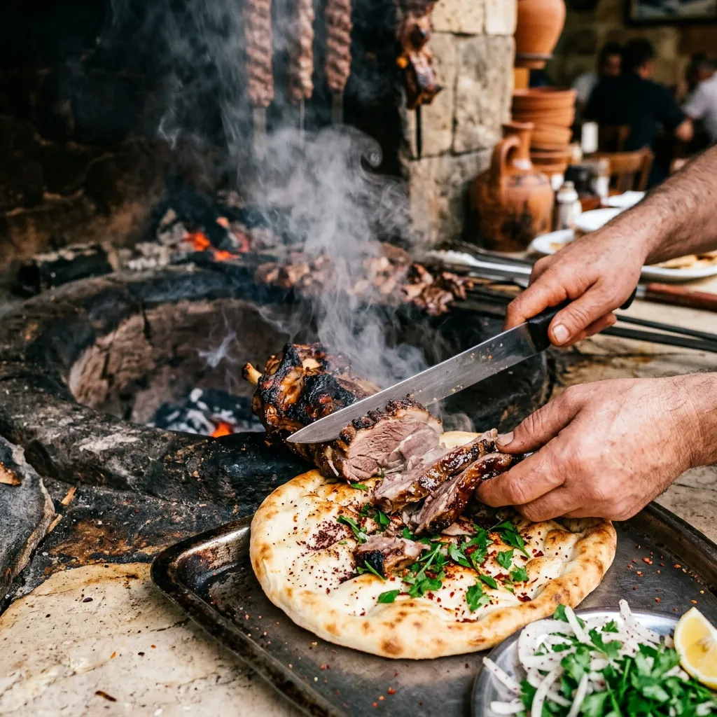 Chef slicing fire-roasted lamb onto flatbread beside an open pit at a traditional Istanbul grill