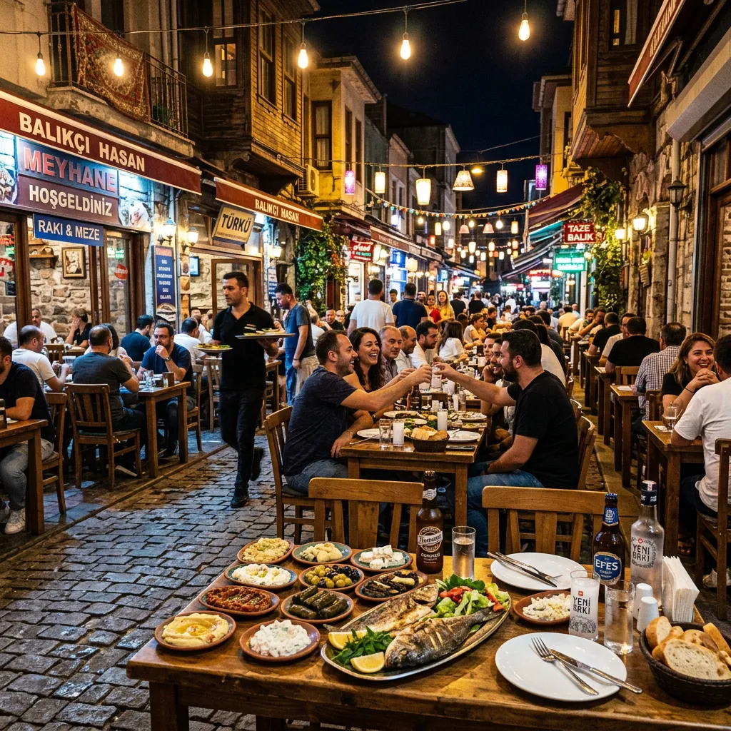 Guests raising glasses on a lively Kumkapi meyhane street with mezze platters and grilled fish at night