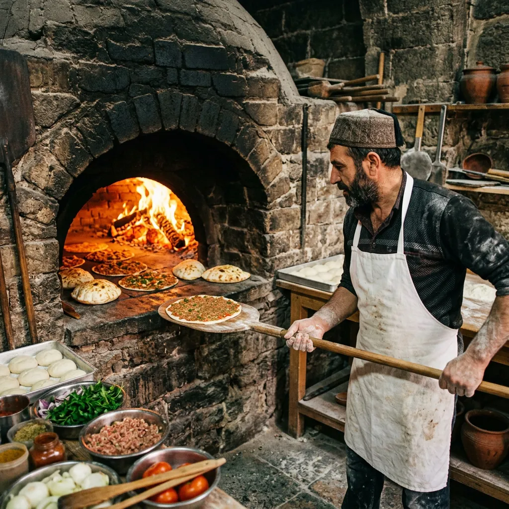 Baker pulling lahmacun from a wood-fired stone oven on a long peel in a traditional Istanbul bakery
