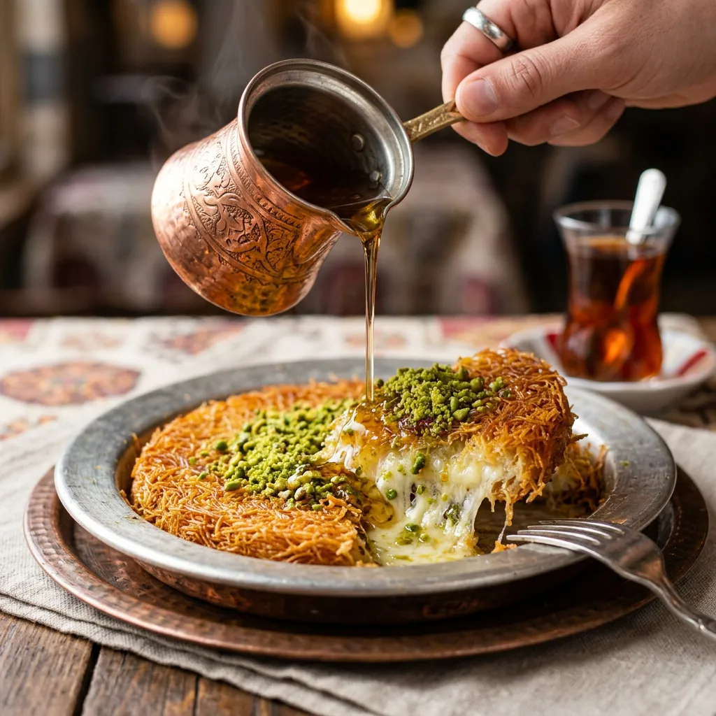 Syrup poured from an engraved copper pot over pistachio kunefe in a close-up Istanbul dessert presentation