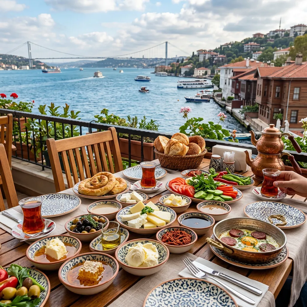 Lavish Turkish breakfast spread with tea on a Bosphorus-view terrace overlooking the bridge in Istanbul