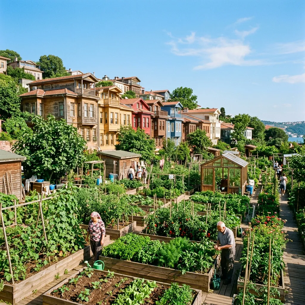 Locals tending terraced vegetable gardens at Kuzguncuk with wooden houses and Bosphorus view in Istanbul