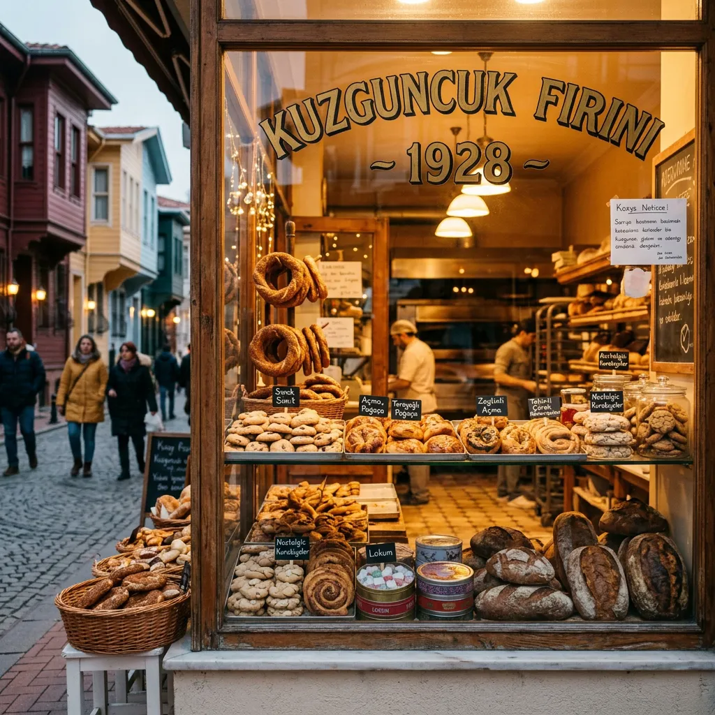 Historic 1928 Kuzguncuk bakery window filled with simit, breads and pastries at dusk in Istanbul