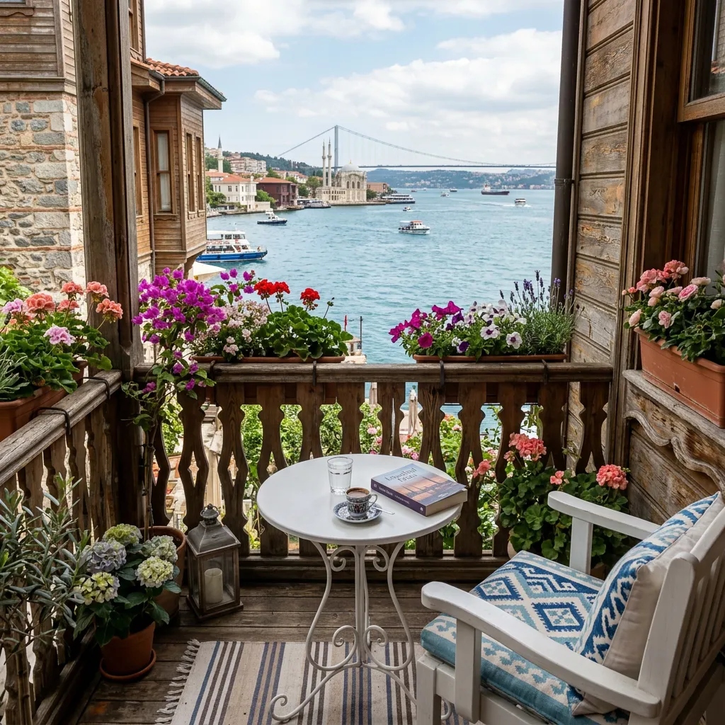 Turkish coffee and a book on a flower-filled wooden balcony with Bosphorus bridge view in Istanbul