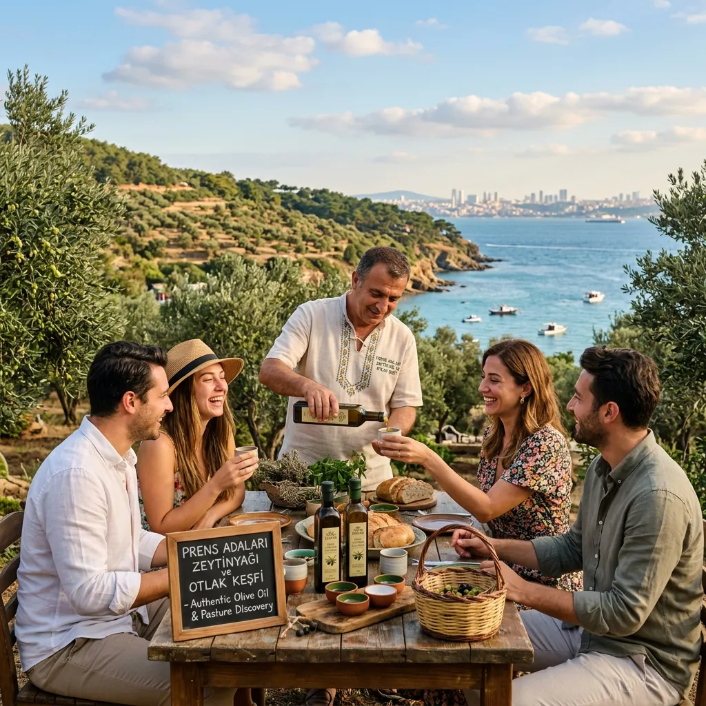 Host pours olive oil for toasting guests at sunset on the Princes' Islands with sea and island coastline