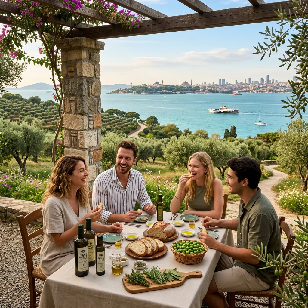 Bread, olives and olive oil tasting under a bougainvillea pergola with Istanbul skyline and a ferry behind