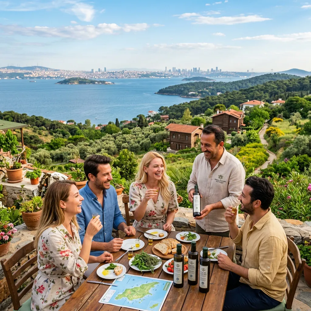 Host serves olive oil to a group on a hilltop terrace with a Princes' Islands map on the table and sweeping bay view
