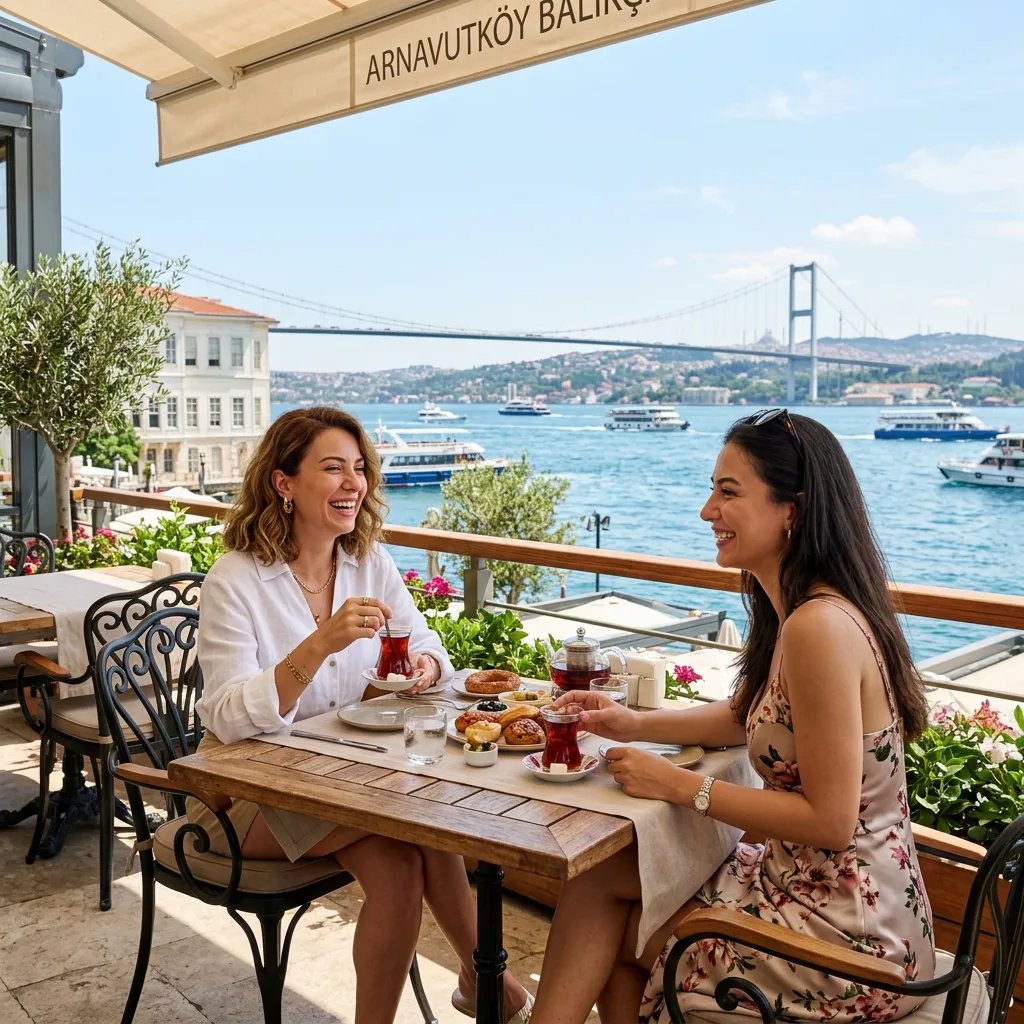 Two women laughing over Turkish tea on a waterfront terrace with the Bosphorus Bridge in view