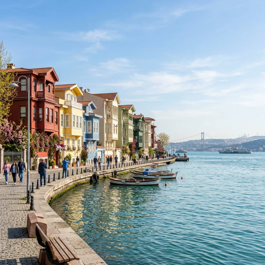 Colorful waterfront wooden mansions and strolling visitors along a Bosphorus seaside promenade in Istanbul