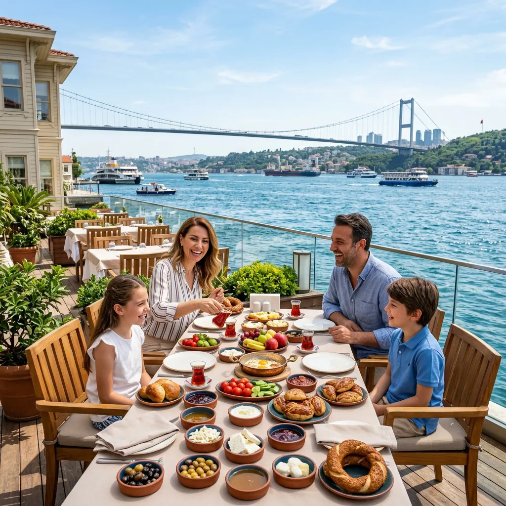 Family of four enjoying a traditional Turkish breakfast on a terrace facing the Bosphorus Bridge in Istanbul