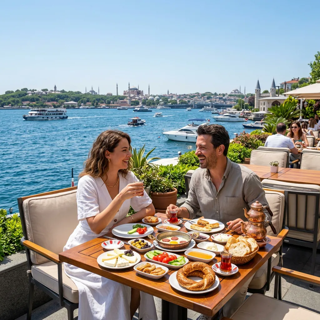 Young couple enjoying a traditional Turkish breakfast on a terrace facing Istanbul's historic skyline and the Bosphorus
