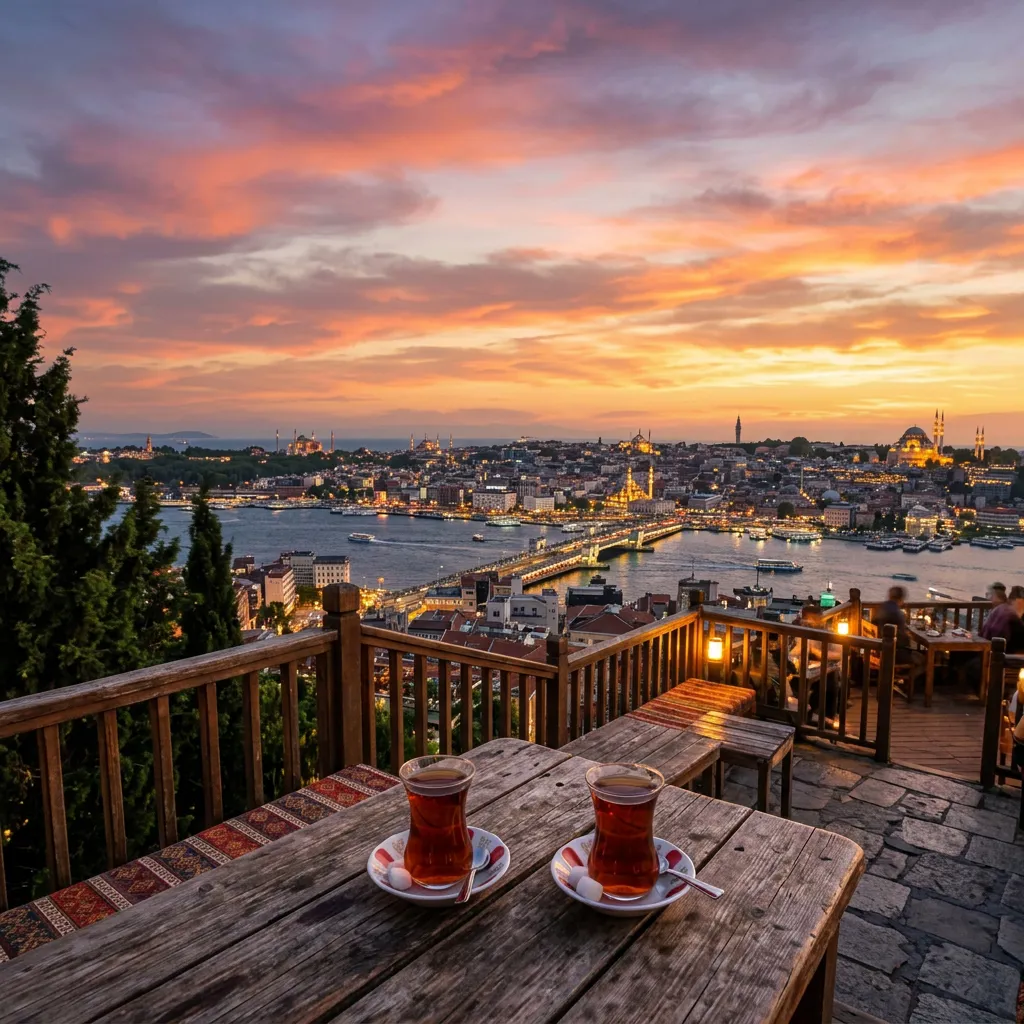 Two tulip glasses of Turkish tea on Pierre Loti Hill terrace at sunset overlooking Istanbul's Golden Horn