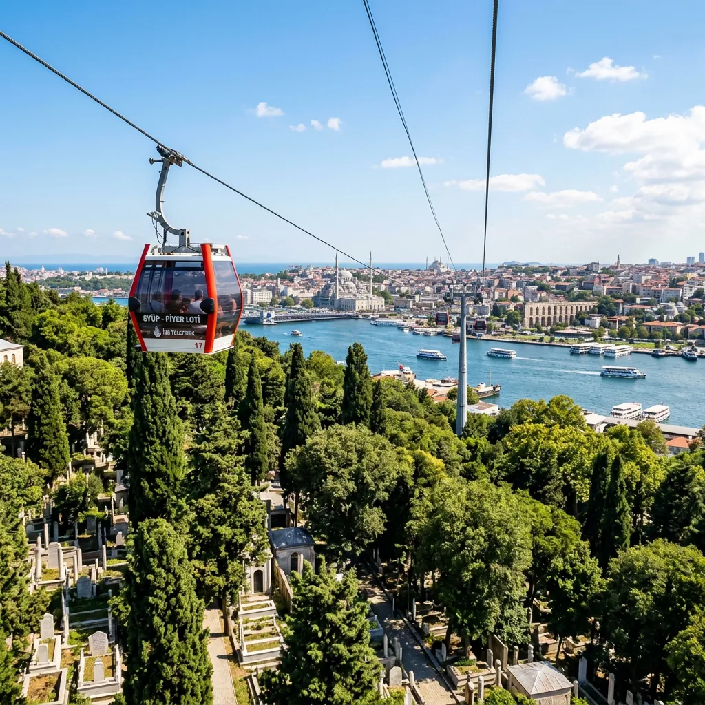 Eyup-Pierre Loti cable car gliding over the historic cemetery and Golden Horn in Istanbul