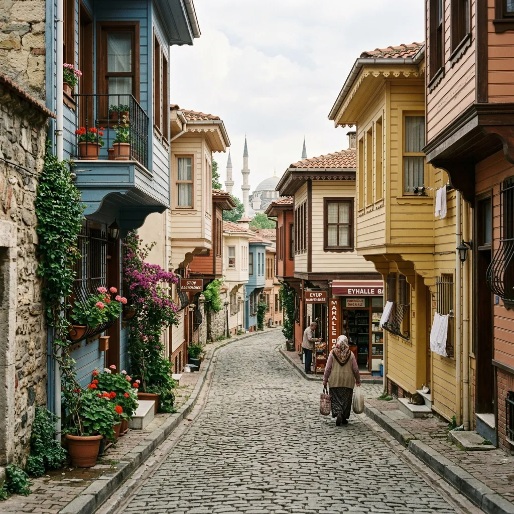 Cobblestone street in Eyup with colorful wooden Ottoman houses, flowers and a distant minaret in Istanbul
