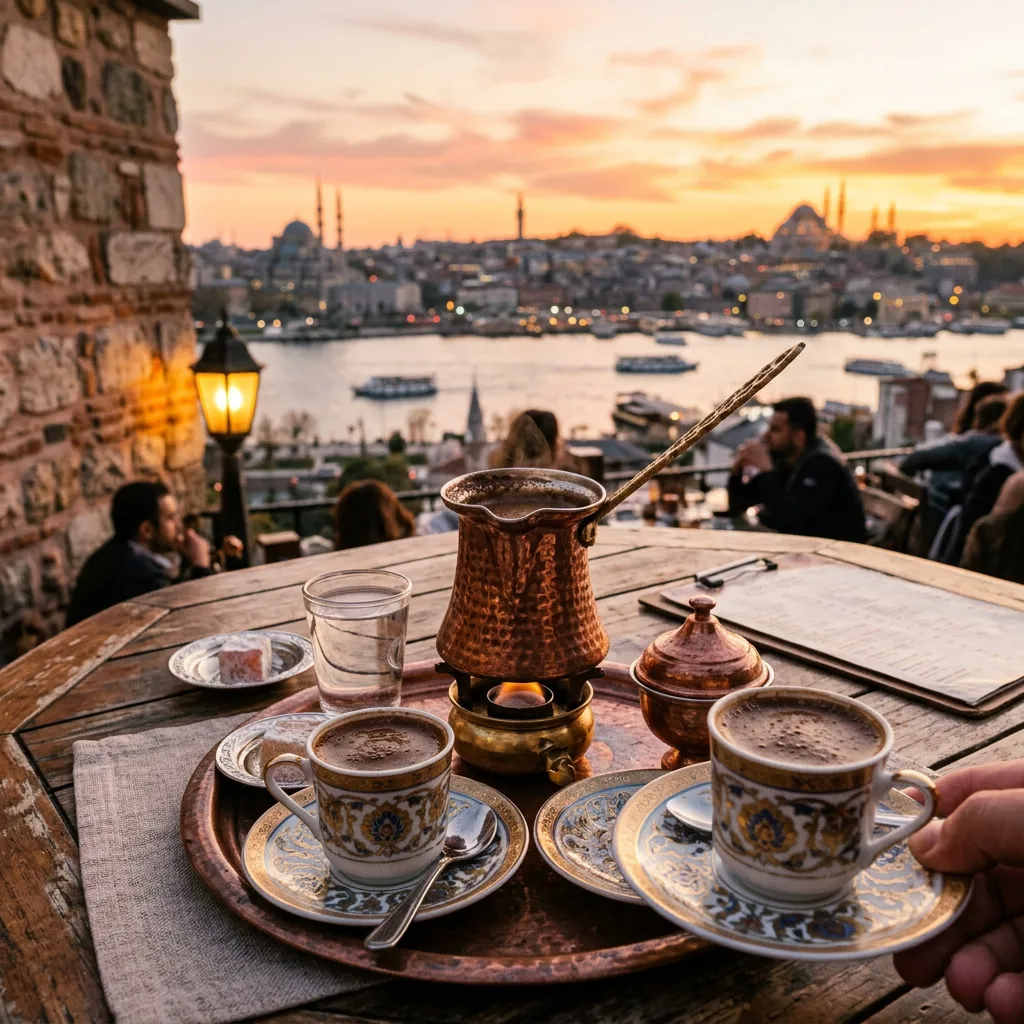 Turkish coffee in a copper cezve with ornate cups on a terrace overlooking the Golden Horn at sunset