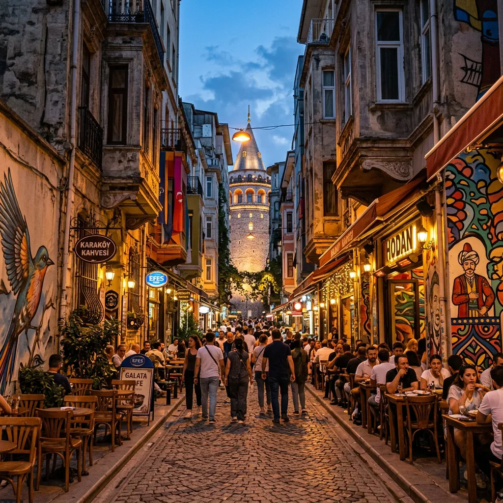 Galata Tower glowing at dusk above cobblestone Karaköy street cafés in Istanbul