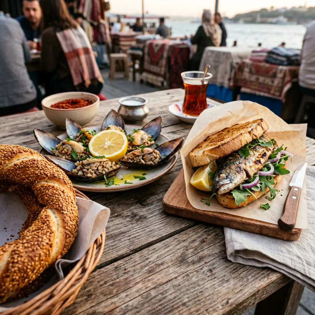 Stuffed mussels, simit, fish sandwich and Turkish tea on a Bosphorus-view table in Istanbul