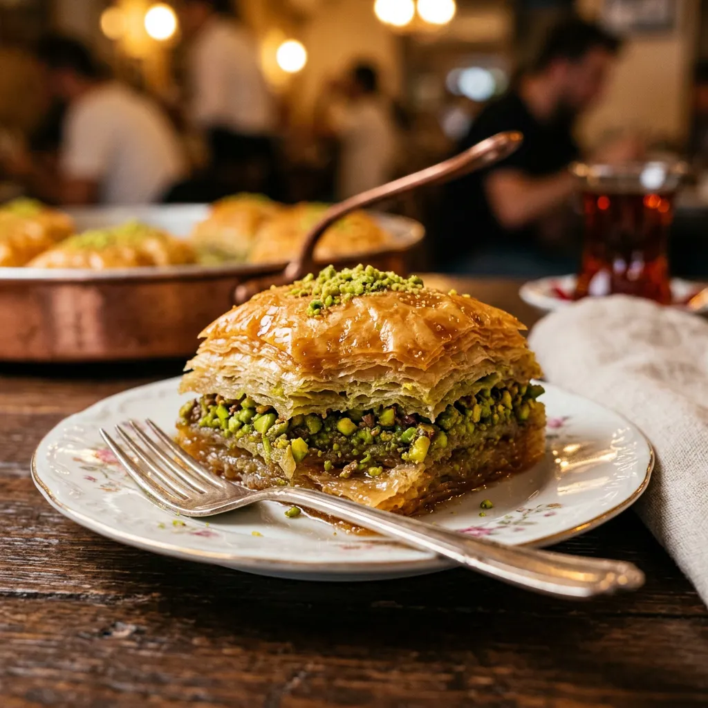 Close-up of pistachio baklava on a plate with copper tray and Turkish tea in Istanbul