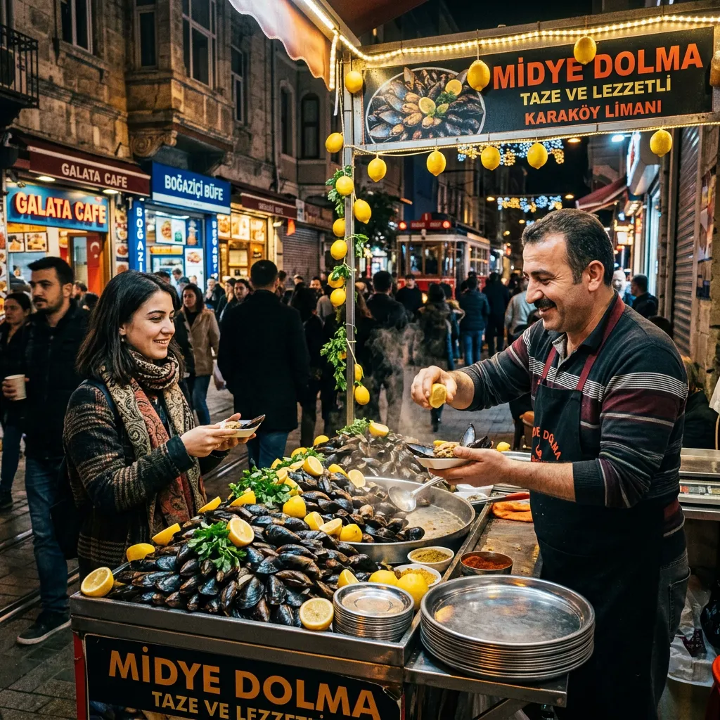 Night-time midye dolma street stall with vendor squeezing lemon in Karaköy, Istanbul