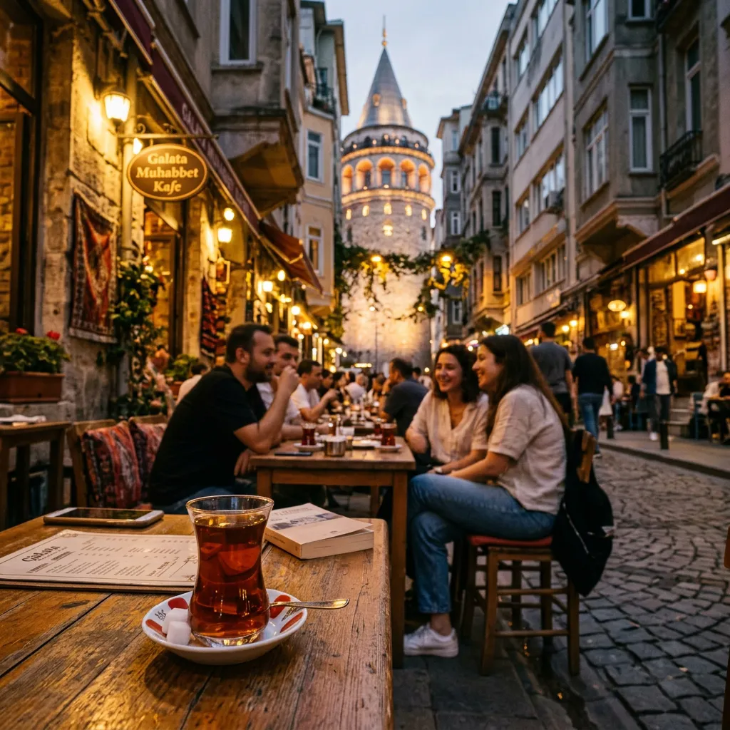 Friends chatting over tea on a café terrace with Galata Tower view in Istanbul