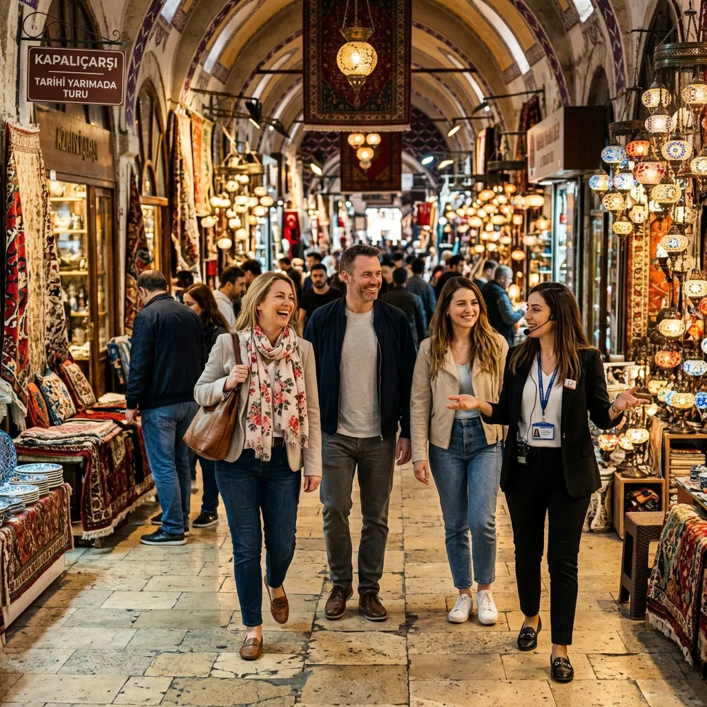 Tourists walking with a guide through the Grand Bazaar's vaulted hall past carpets and Turkish lamps in Istanbul