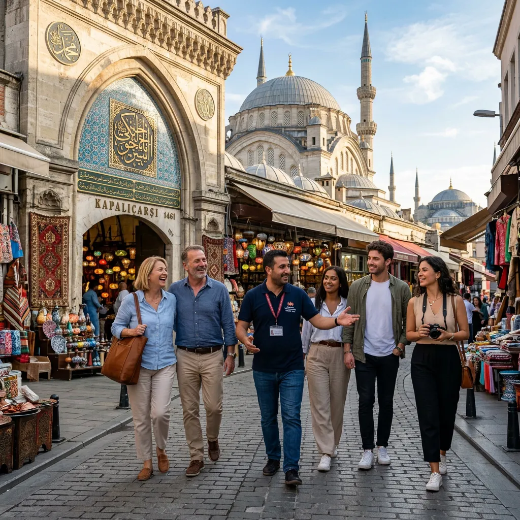 Guided group outside the Grand Bazaar's tiled gate with Blue Mosque domes and minarets behind in Istanbul